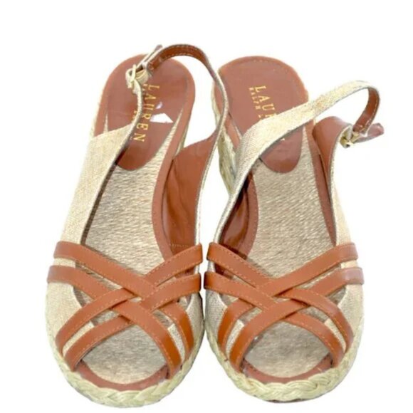 Ralph Lauren Linen Brown Leather Gold Foil Slingback Wedges Heels Sandals 9.5 - Picture 5 of 10